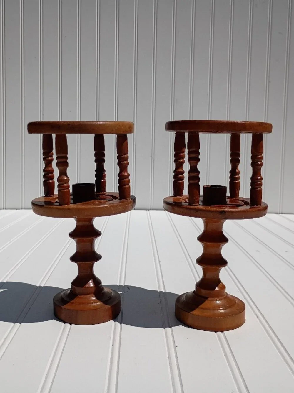 Vintage Turned Wood Candle Holder Pair Cage Spindle Taper Rustic Farmhouse MCM